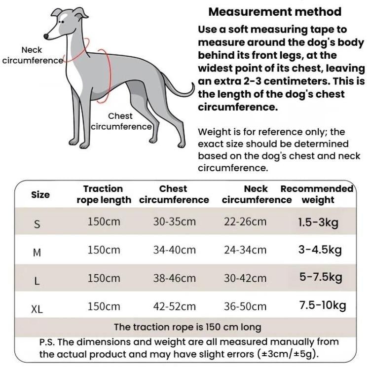 Dog harness measurement size chart showing neck and chest circumference ranges