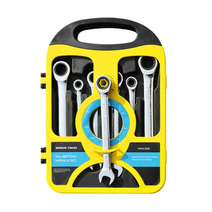 7-piece dual-drive ratchet wrench set in yellow storage case with attached wrenches