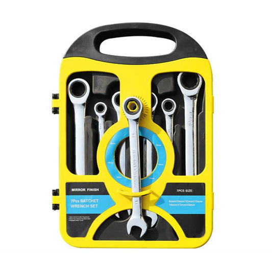 7-piece dual-drive ratchet wrench set in yellow storage case with attached wrenches