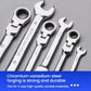 Close-up of chrome ratchet wrenches with ring open ends and size markings