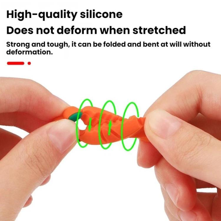 Orange silicone latch cover clip shown stretched, with green bumper tabs