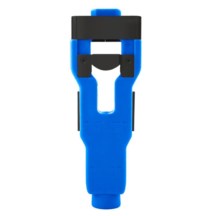 Blue door latch tenon tool with black guide head and chisel-style blades