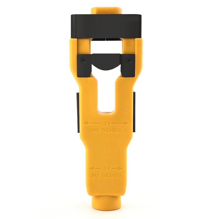 Yellow door latch tenon tool with black guide head and chisel-style blades
