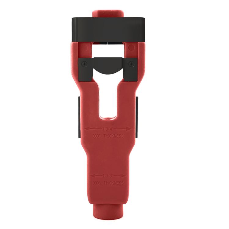 Burgundy red door latch tenon tool with black guide head and chisel-style blades