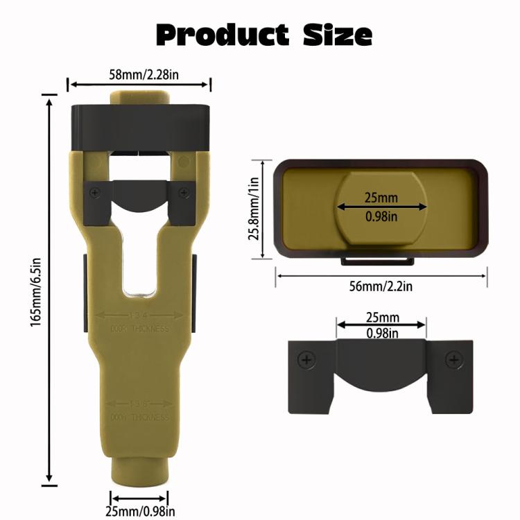 Green door latch tenon tool with black guide head shown with size diagram