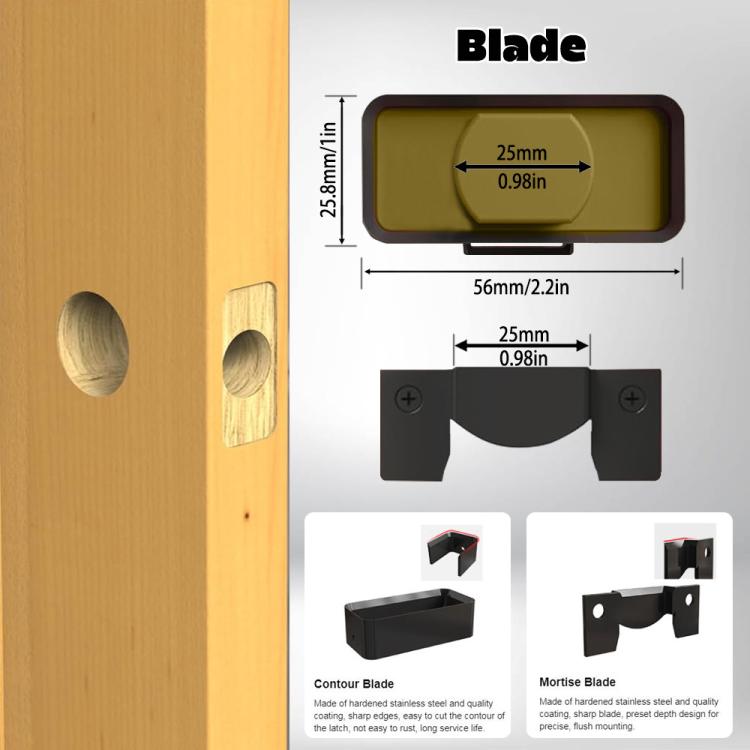 Door latch tenon tool blade and mortise blade detail diagram with guide head