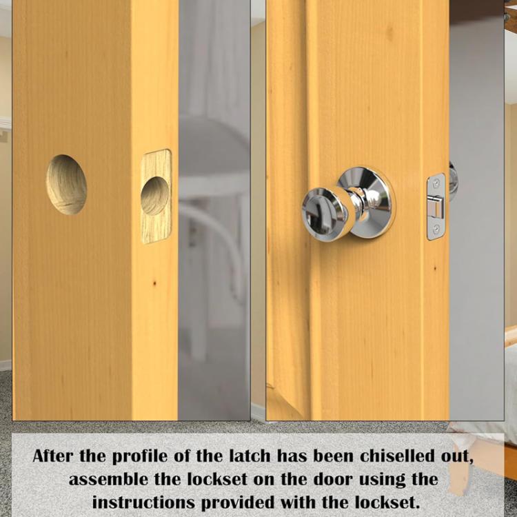 Wooden door with installed latch plate and strike area