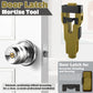 Yellow door latch mortise tool next to a door lock cylinder