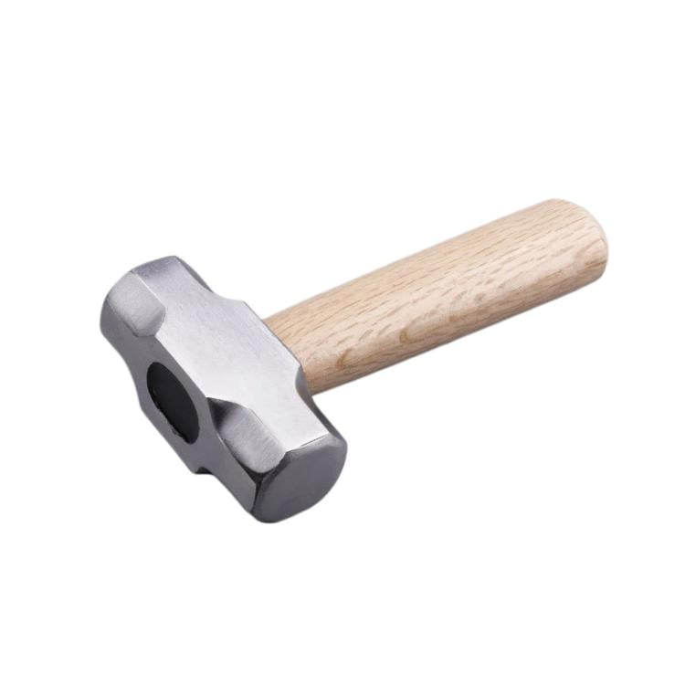 Mini hammer with metal chisel-style head and light wood handle
