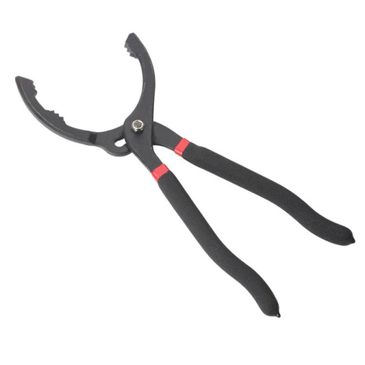 Clamp-style oil filter wrench with curved serrated jaws, black handles, red grip bands