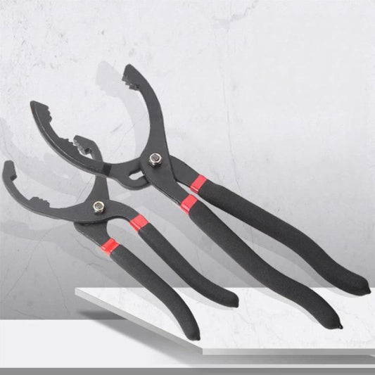 Set of two clamp-style oil filter wrenches with curved serrated jaws, black and red handles