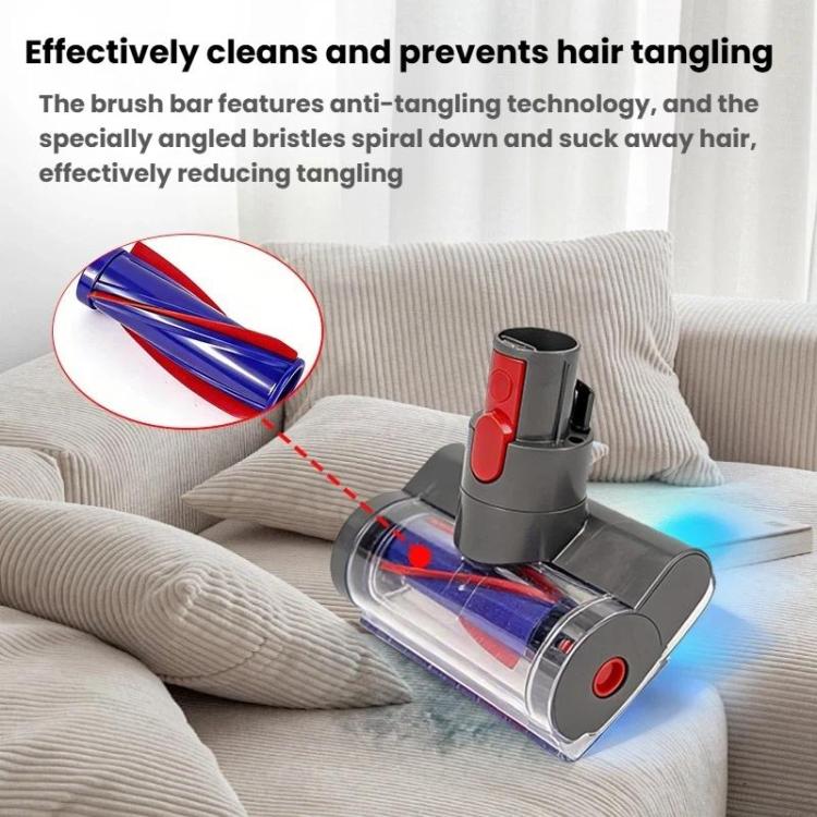 Electric mattress brush with transparent nozzle and LED on couch fabric surface