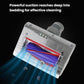 Electric mattress brush with clear bar, blue brush roll and LED light, shown with airflow