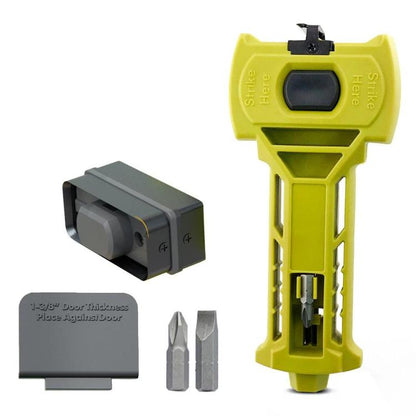 Yellow door latch mortiser chisel tool with gray scoring blade set and guide post.