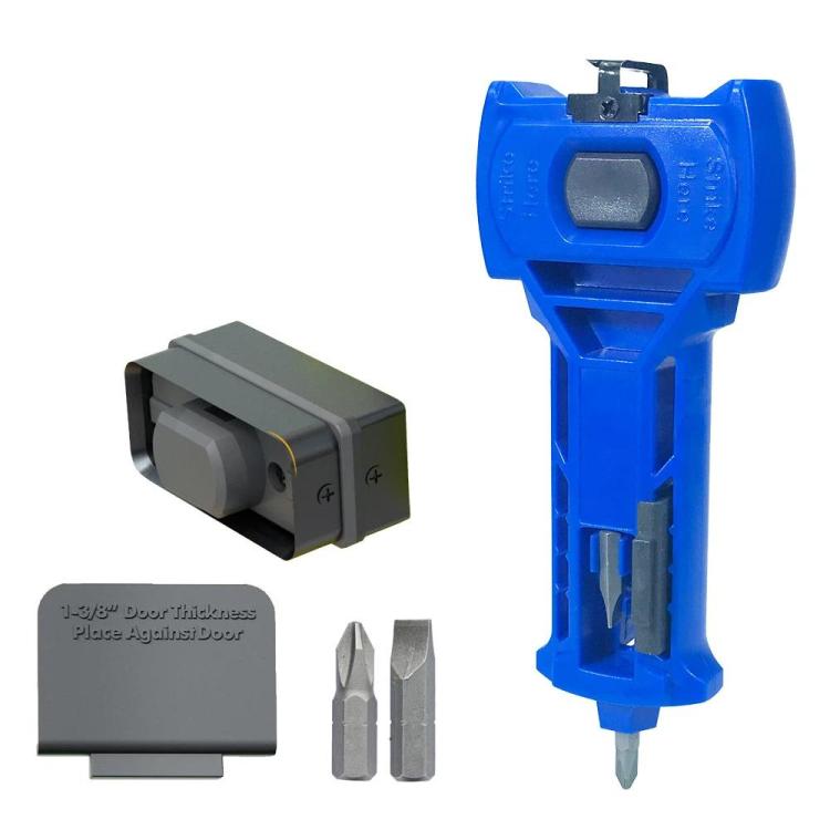 Blue door latch mortiser chisel tool with gray scoring blade set and guide post.