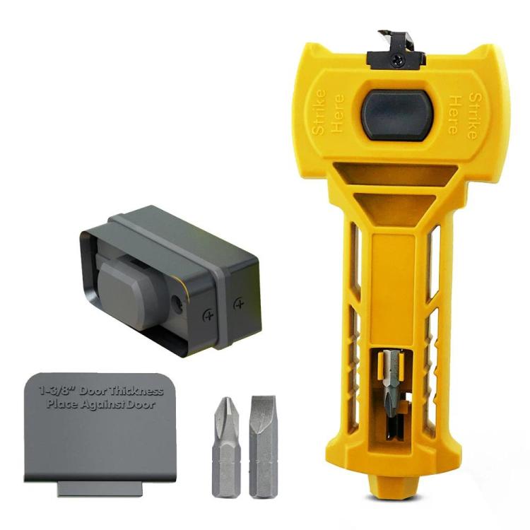 Yellow door latch mortiser chisel tool with extended guide rails and gray scoring blades.