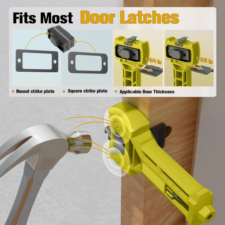 Door latch mortiser tool with round and square strike plate templates for door latches.