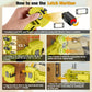 Door latch mortiser chisel tool usage guide showing hands, flipping fence, and drilling step.