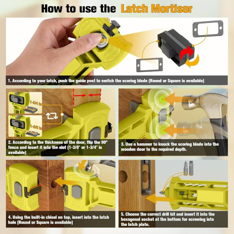 Door latch mortiser chisel tool usage guide showing hands, flipping fence, and drilling step.