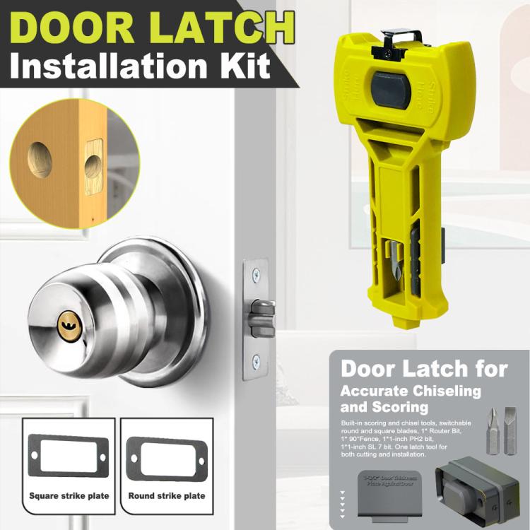 Yellow door latch installation chisel tool with cutting guide and scoring blades