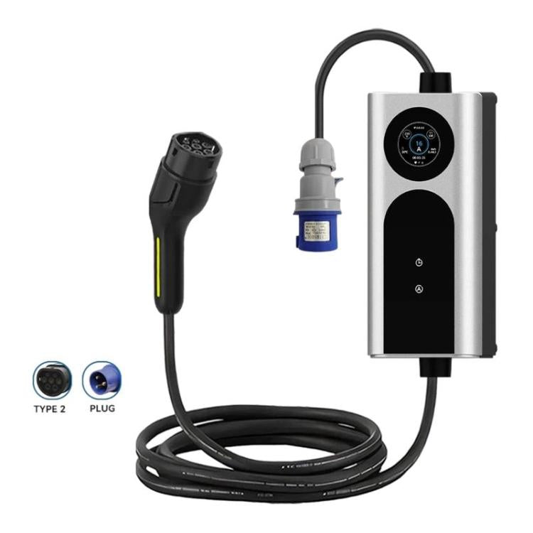 Portable EV AC charger with display, Type 2 plug and coiled cable