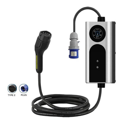 Portable EV AC charger with display, Type 2 plug and coiled cable