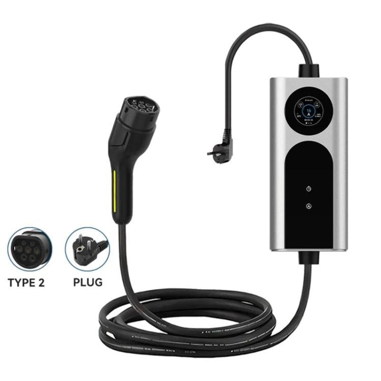 Portable EV AC charger with display, Type 2 cable, and charging adapter plug