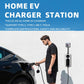 Wall-mounted EV charger with display and Type 2 charging cable connected to car