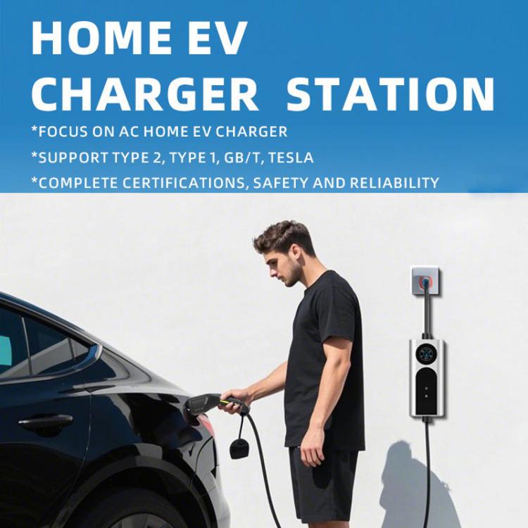 Wall-mounted EV charger with display and Type 2 charging cable connected to car