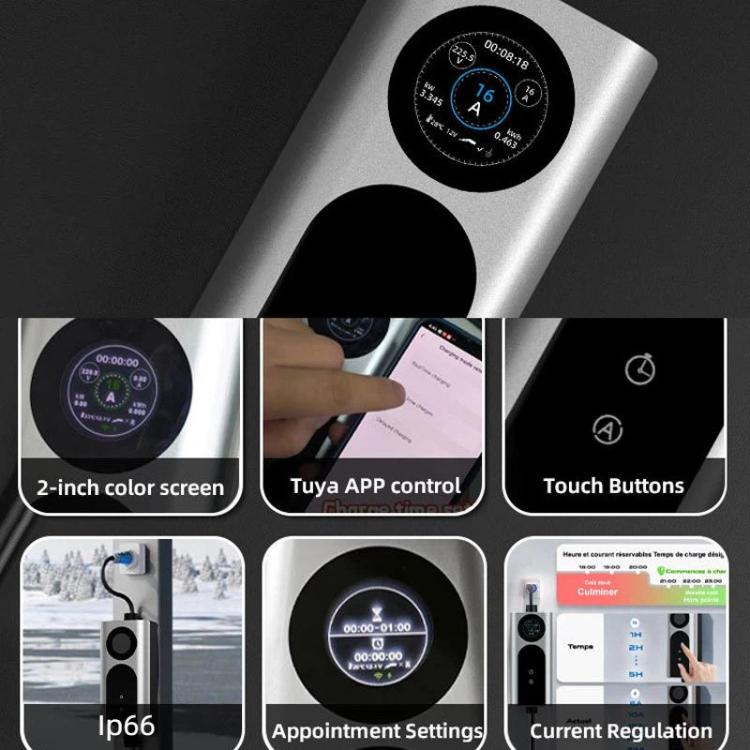 Portable EV charger control panel with circular display and touch buttons