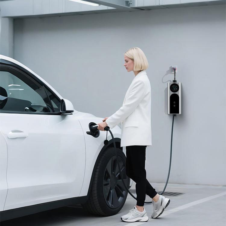 EV charging setup with wall-mounted charger and Type 2 cable plugged into car