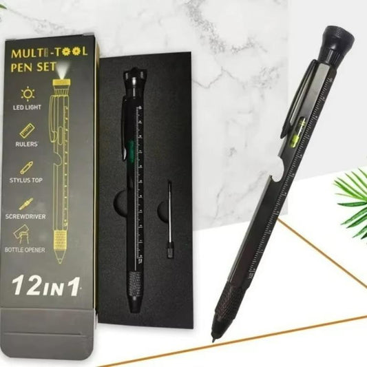 Multifunctional EDC tool pen set in retail box with LED, ruler scale, and stylus