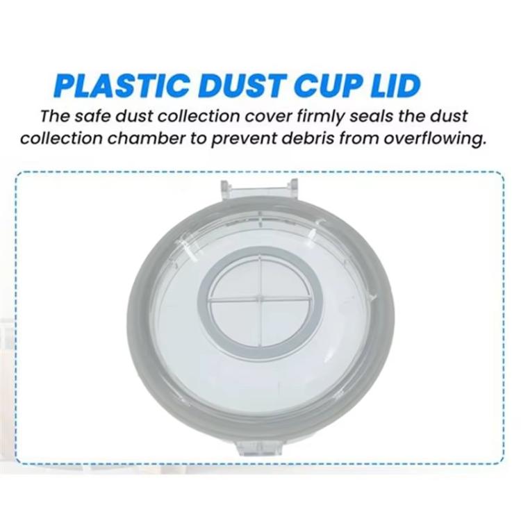 Plastic dust cup lid with central grid opening, circular clear cover