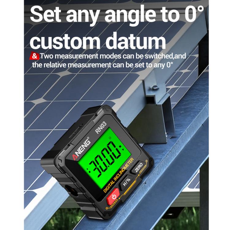 ANENG RN03 digital inclinometer tilted with green backlit screen showing angle reading