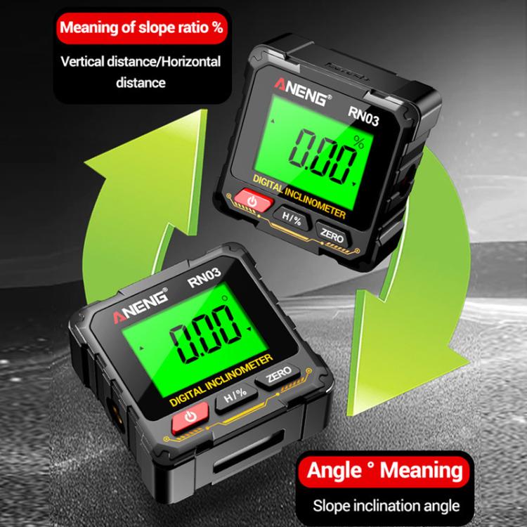 ANENG RN03 digital inclinometer with green LCD angle reading and bottom ZERO and H/% keys