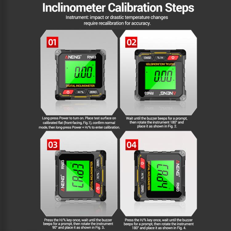 ANENG RN03 digital inclinometer calibration steps shown with green LCD display readings