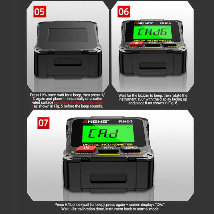 ANENG RN03 digital inclinometer shown in calibration beeps mode with green LCD display