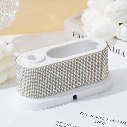 Silver rhinestone manicure file storage case with white tray and twin holder openings