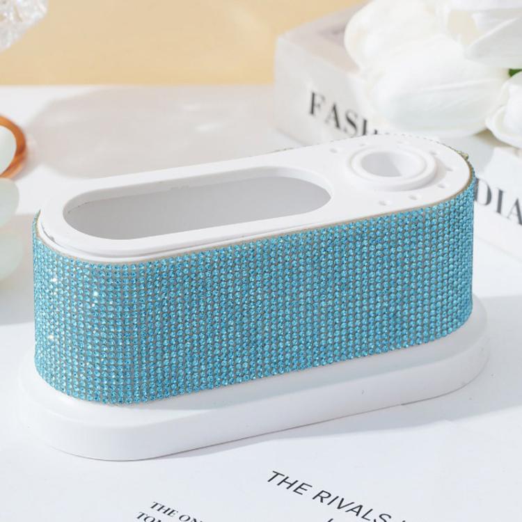 Blue rhinestone manicure file storage case with white base and twin holder openings