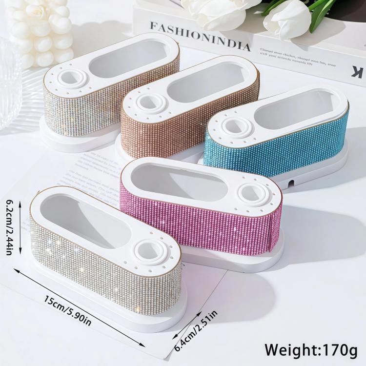 Desktop nail tool organizer with rhinestone storage bases in silver, rose gold, pink, and blue