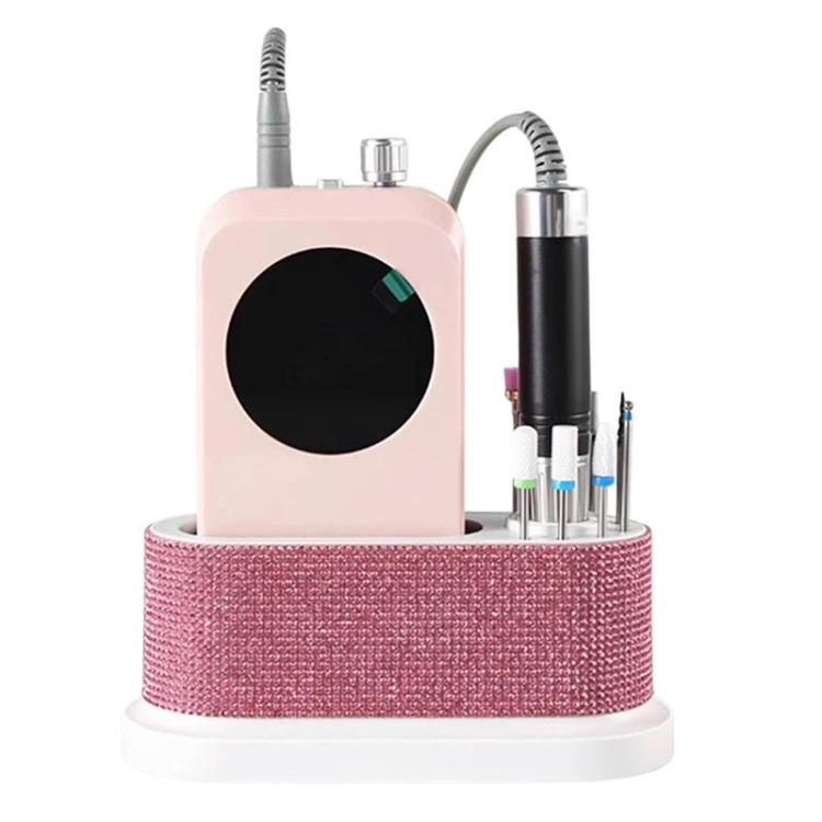 Pink rhinestone desktop nail tool organizer with drill unit and multiple mounted bits