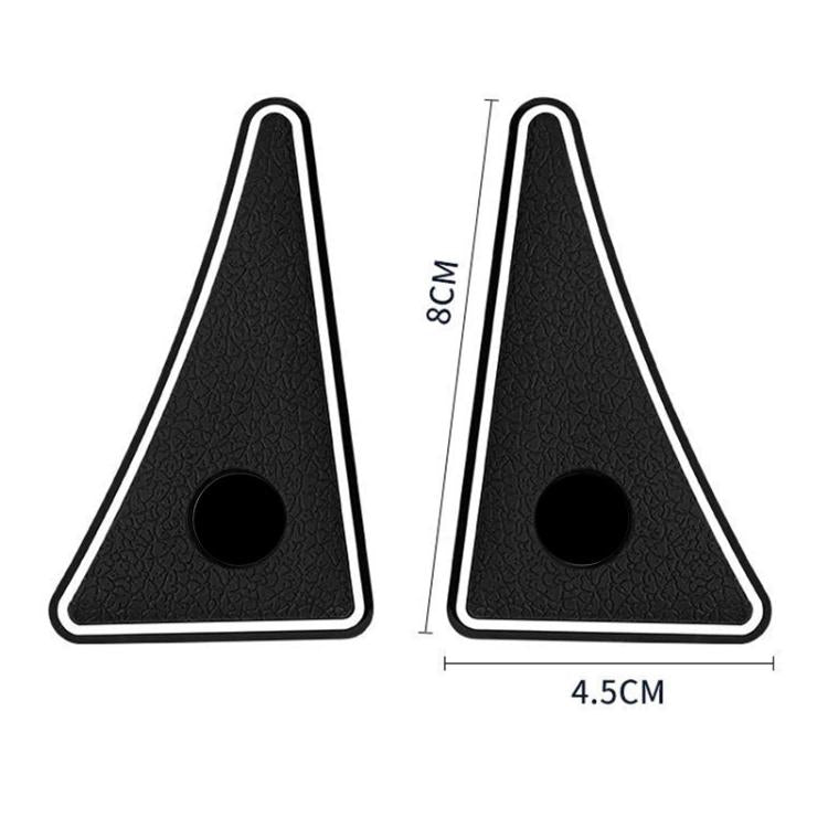 Pair of black triangular door corner bumper guards with circular hole and trim