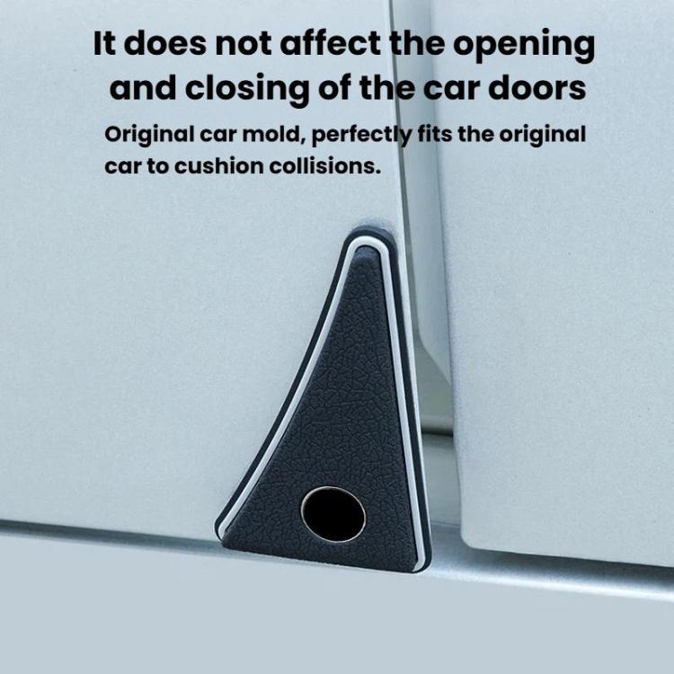 Black triangular car door corner protector with circular hole near car door seam