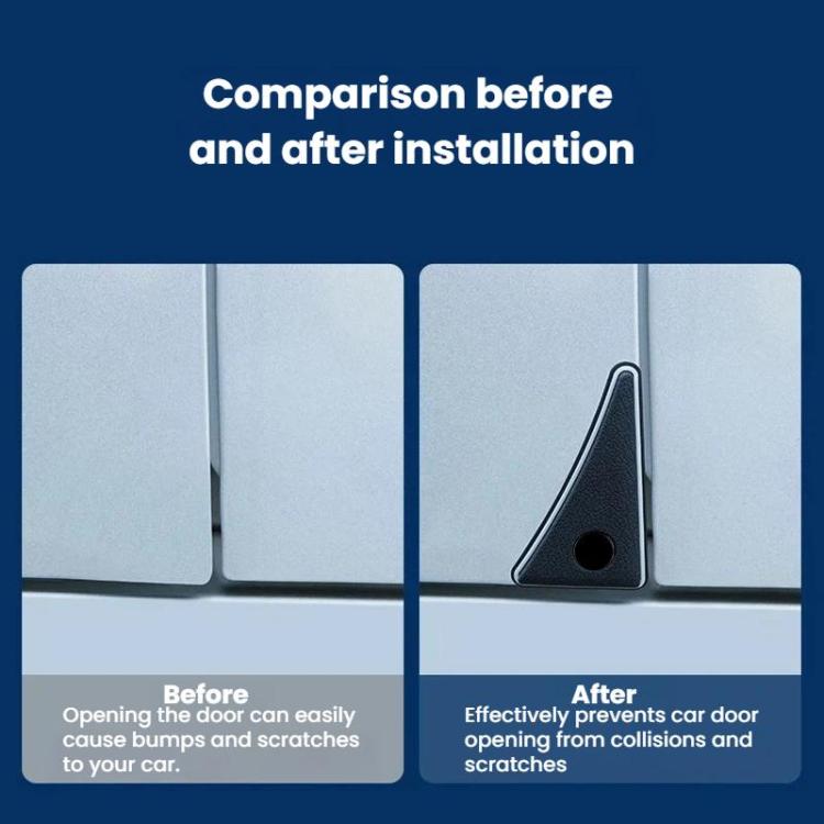 Triangular car door corner protector shown before and after installation