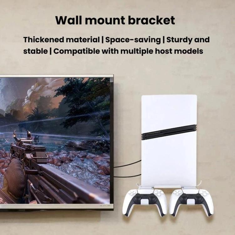 Wall-mounted console organizer bracket with game console and two controller holders