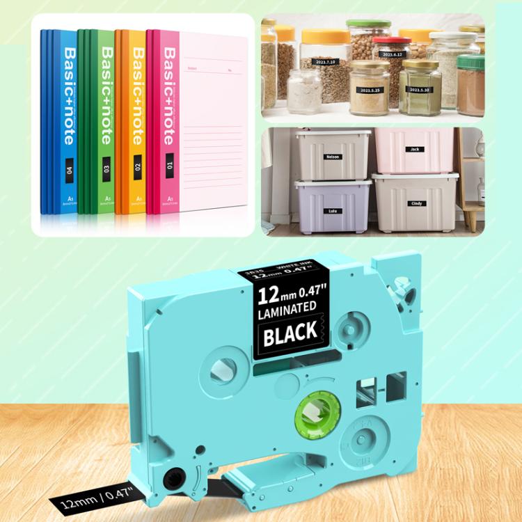 Phomemo laminated label tape cassette, 12mm wide, black label