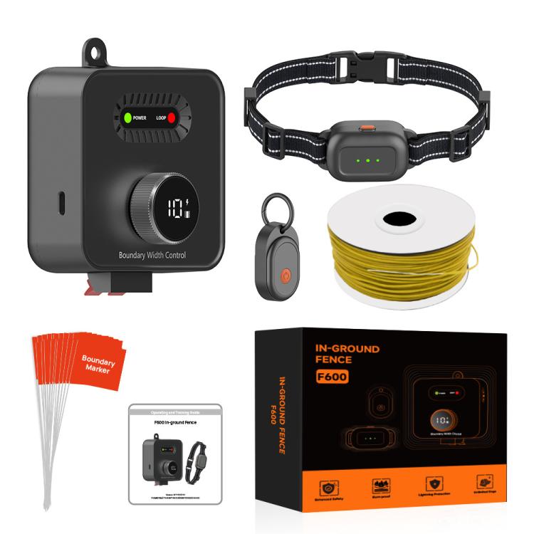 Electric dog fence transmitter kit with black collar receiver and wire spool, boundary control