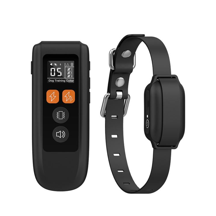Black rechargeable dog training collar transmitter and adjustable collar receiver set.