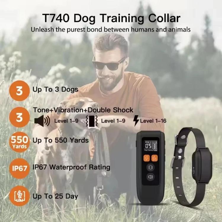 Dog training collar remote and receiver shown with display and orange function icons.