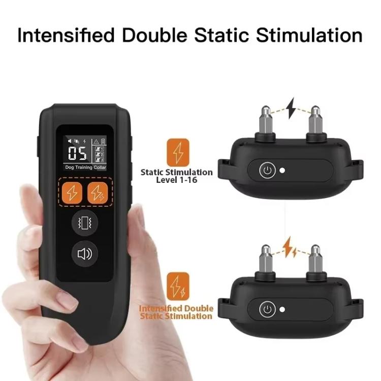 Dog training collar remote with two charging points module, shown beside receiver pads.
